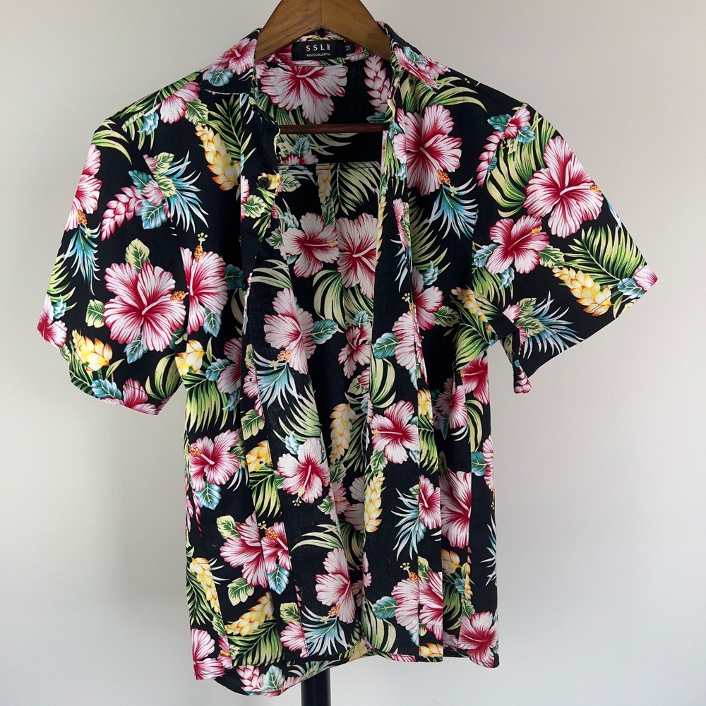 SSLR Mens Tropical Hibiscus Floral Button Down Shirt Black Pink Medium